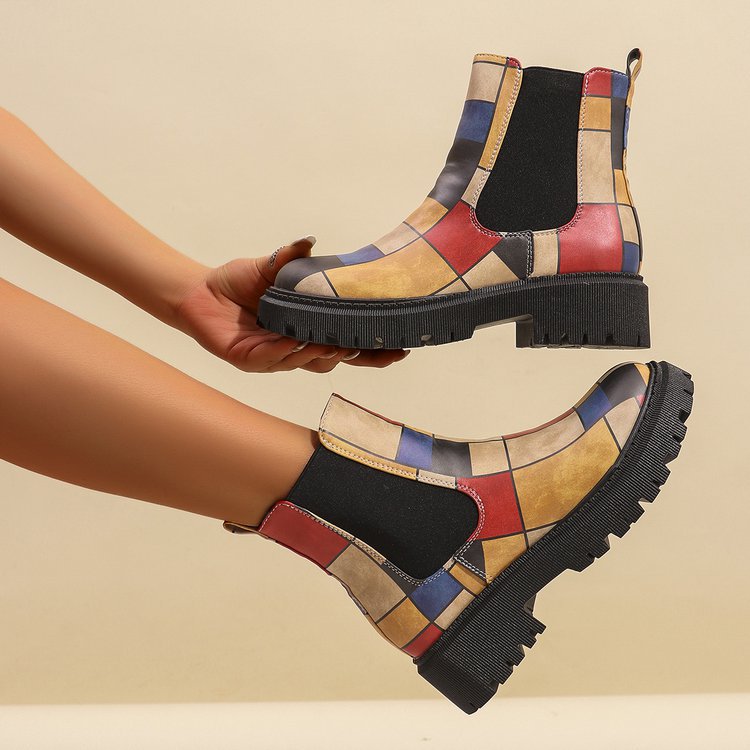 Women's Color Block Mid-Calf Boots - High Heel Slip-On Shaft Boots