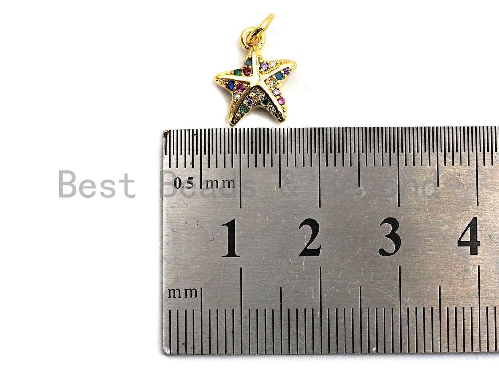 CZ Colorful Micro Pave Starfish Pendant, Starfish Shaped Pave Pendant, Gold plated, 10x12mm, Sku#F824