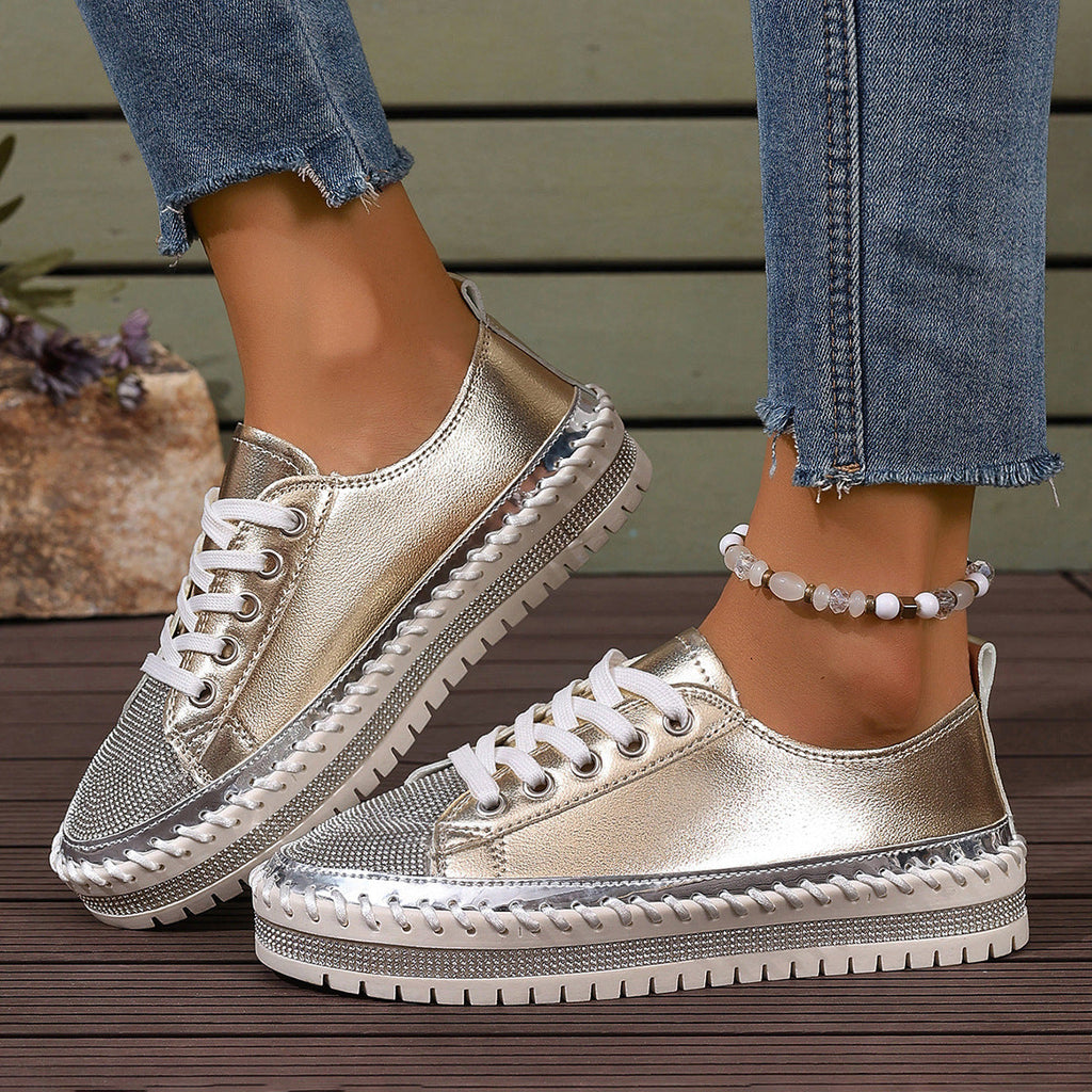 Women's Plus-Size Chunky Sole Sequin Sneakers | Lace-Up Low-Top | Gold Silver Black White