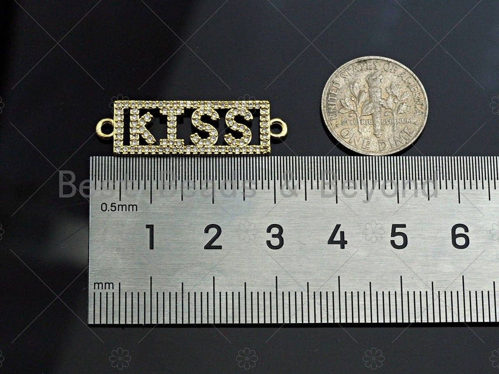 KISS on Rectangle Connector, Kiss Bracelet Link, Rectangle  Connector, Cubic Zirconia Pendant, Gold Tone, 10x31mm, Sku#LK85