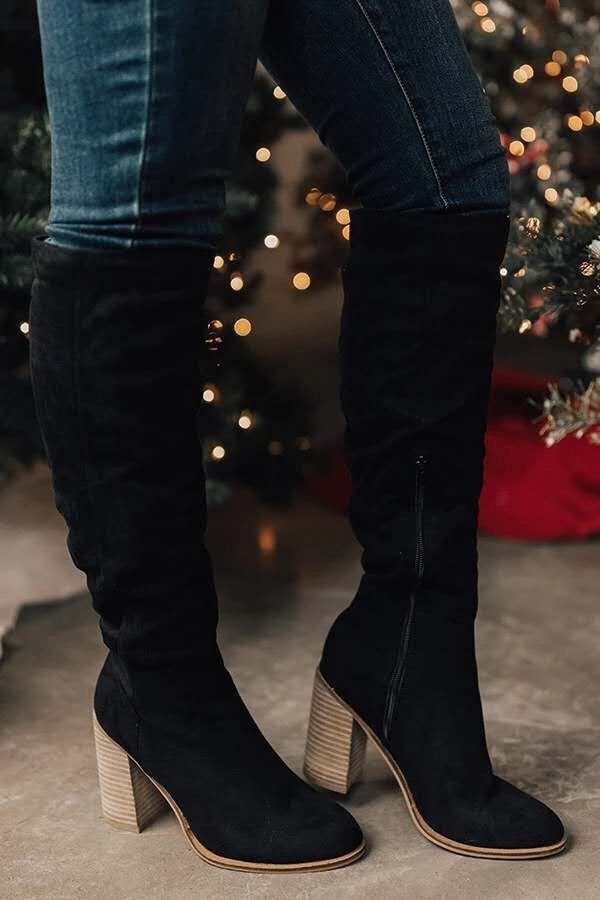 Chunky Heel Thigh-High Boots with Side Zipper for Petite Women | Black Apricot Brown