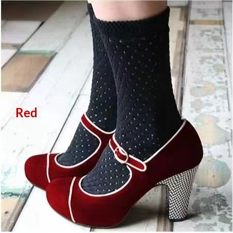 Women's Retro Round-Toe Chunky Heel Pumps with Ankle Strap Buckle | Suede Block Heel Dress Shoes
