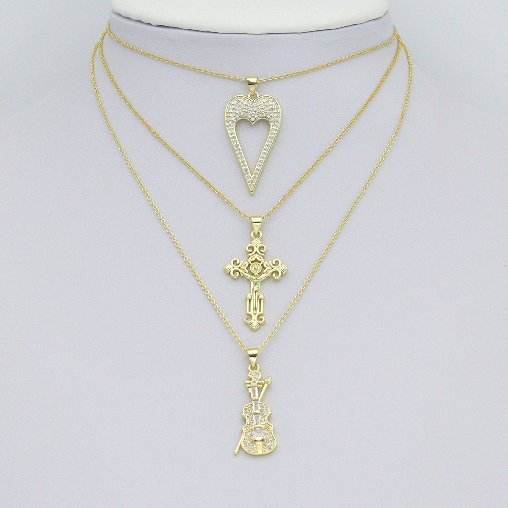 Gold Violin Guitar Cross Heart Key Charm Pendant,Sku#LK1257