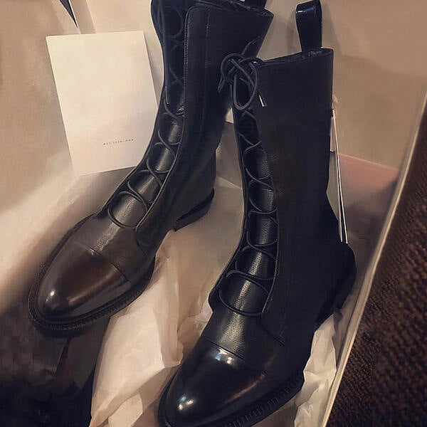 Women's Fleece-Lined Combat Boots - British Style Lace-Up Ankle Boots with Chunky Sole