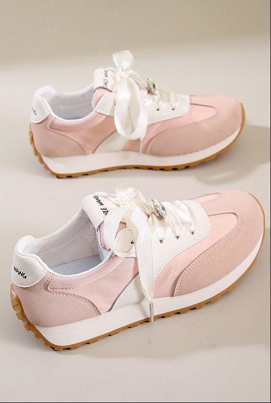 Women's Breathable Non-Slip Casual Sneakers | Lace-Up Sporty Comfort Shoes | Pink Beige Green