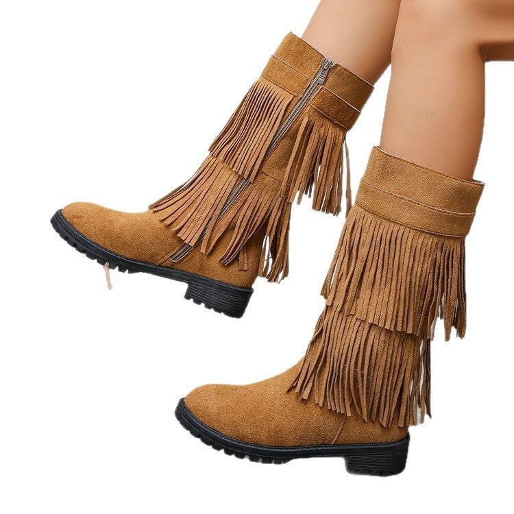 Women's High-Shaft Tassel Boots | Casual PU Leather Side Zipper Boots