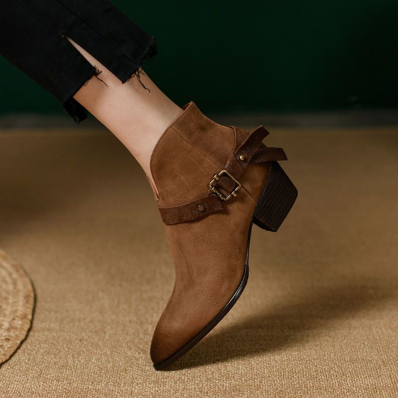 Women's Chunky Heel Slip-On Boots | Pointed Toe Mid-Heel Ankle Boots
