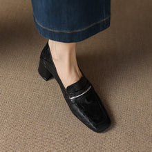 Load image into Gallery viewer, Women's Square-Toe Chunky Heel Sheepskin Leather Pumps - Mid Heel Slip-On Dress Shoes
