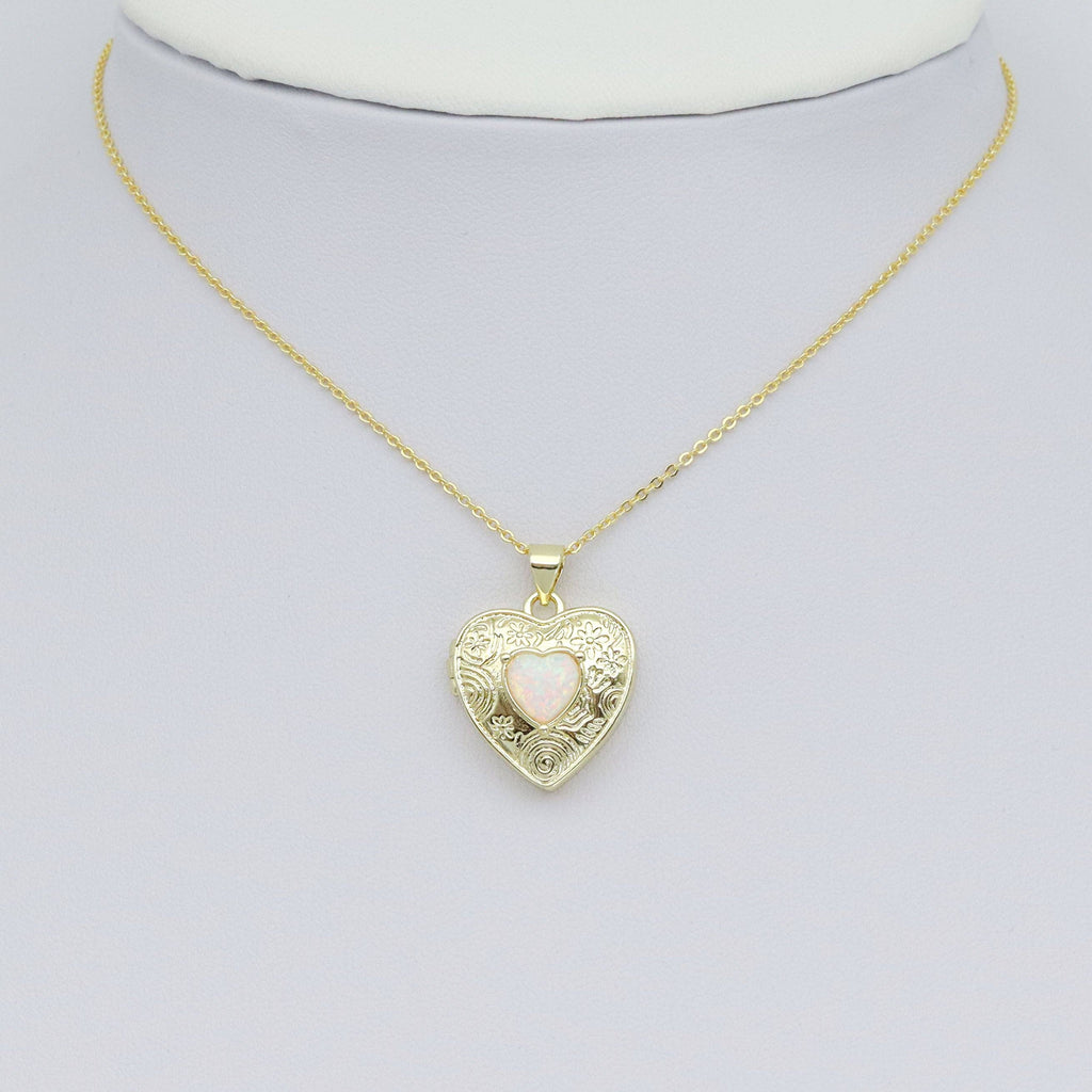 Gold Opal Heart Locket Charm Pendant, Sku#LX689
