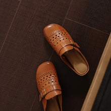 Load image into Gallery viewer, Women's Perforated Cowhide Buckle Mules | Round Toe Flat Backless Slides