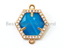 Load image into Gallery viewer, Hexagon Bezel Connector with Faceted Cat's Eye Stone, Gold Plated CZ Micro Pave Frame Connector, Topaz/Blue/White/Pink 14x18mm, sku#A79