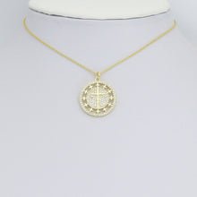 Load image into Gallery viewer, Clear CZ Gold Cross On Round Charm Pendant, Sku#L727