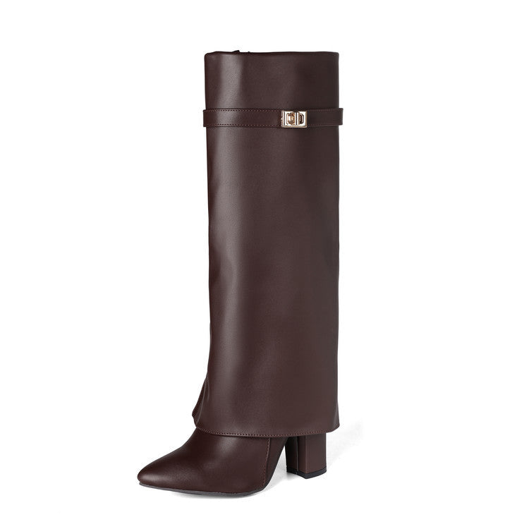 Women's Pointed-Toe High-Shaft Mid-Calf Boots with Metal Buckles | Chunky Heel Side Zipper