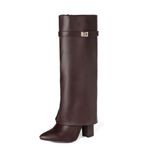 Load image into Gallery viewer, Women's Pointed-Toe High-Shaft Mid-Calf Boots with Metal Buckles | Chunky Heel Side Zipper