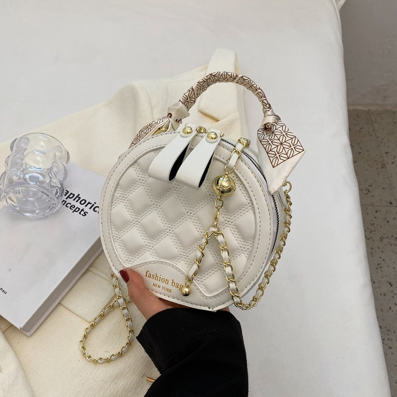 Small Round Embroidered Crossbody Bag for Women – Diamond Pattern PU Leather