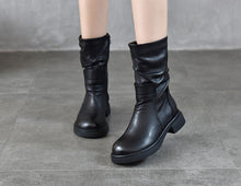 Load image into Gallery viewer, Women's Round Toe Genuine Leather Mid-Calf Boots | Chunky Heel Side Zipper