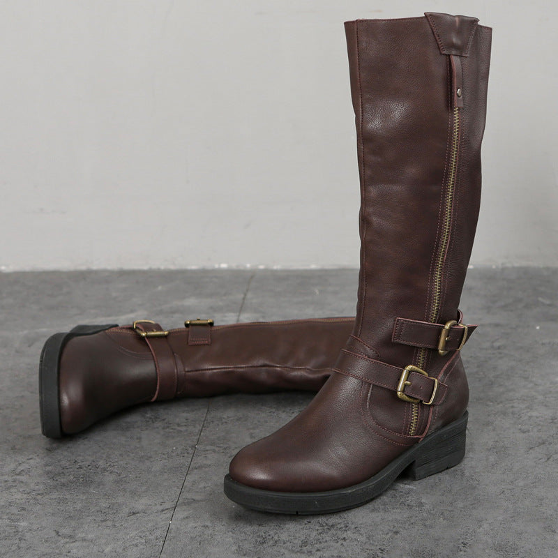 Women's Plus-Size Chunky Sole Boots | Side Zipper Cowhide Leather High Shaft