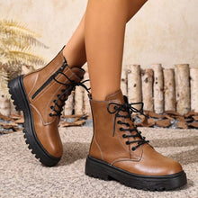 Load image into Gallery viewer, Women's Lace-Up Ankle Combat Boots | Low Heel PU Leather | Khaki Pink Brown