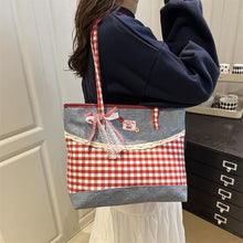 Load image into Gallery viewer, Korean Lace-Trim Color-Block Plaid Tote Bag