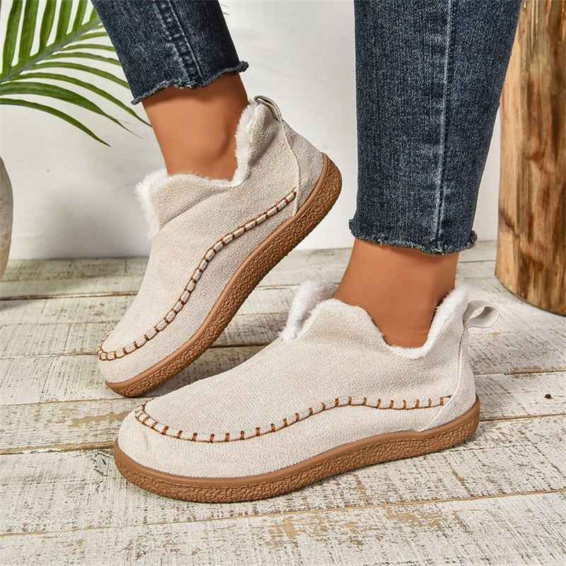 Women's V-Cut Plush Ankle Boots | Winter Warm Flat Snow Boots | Suede Faux Fur Lined