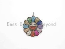 Load image into Gallery viewer, Rainbow Color CZ Micro Pave Smiley Face Sunflower Pendant/Focal, Pave pendant Gold,Silver,Rose Gold,Black plated,44mm,sku#F487