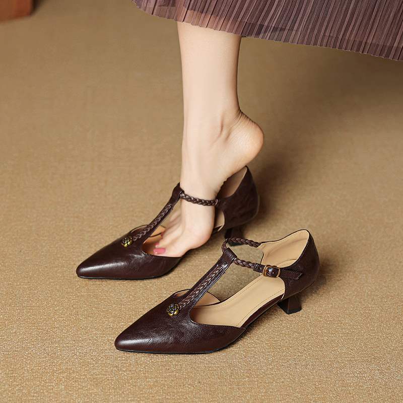 French Retro Camellia-Embellished Ballet Flats - Genuine Leather Stiletto Heels for Women