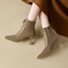 Load image into Gallery viewer, Retro Square-Toe Short Boots Women's Stiletto Heel PU Leather – Brown &amp; Apricot