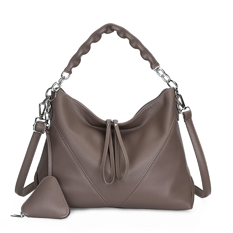 Women's Genuine Leather Chain Shoulder Crossbody Bag with Triangle Pouch