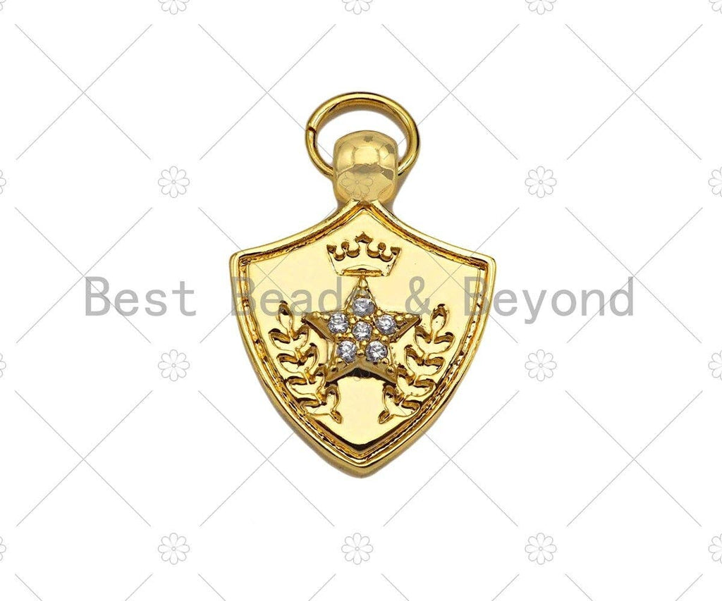 CZ Micro Pave Five Star Crown On Shield  Shape Pendant/Charm,Cubic Zirconia Charm, Shield Necklace Bracelet Charm Pendant,19x25mm, Sku#L473