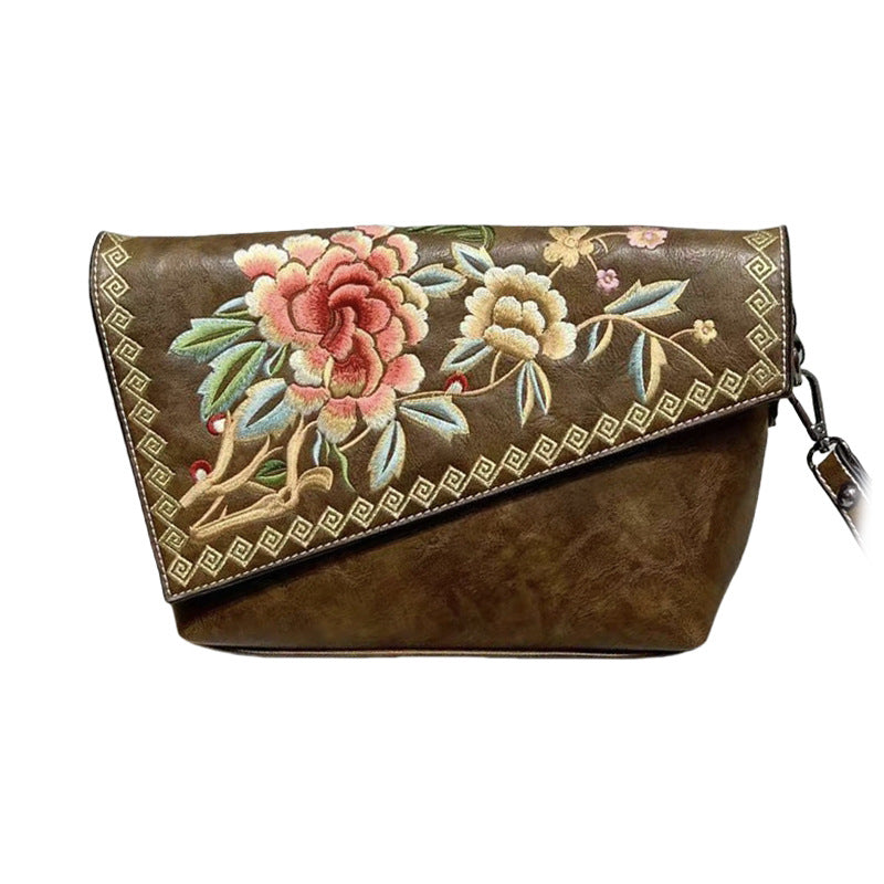 Embroidered Chinese-Style Women's Handbag - PU Leather Crossbody Shoulder Bag with Multiple Compartments