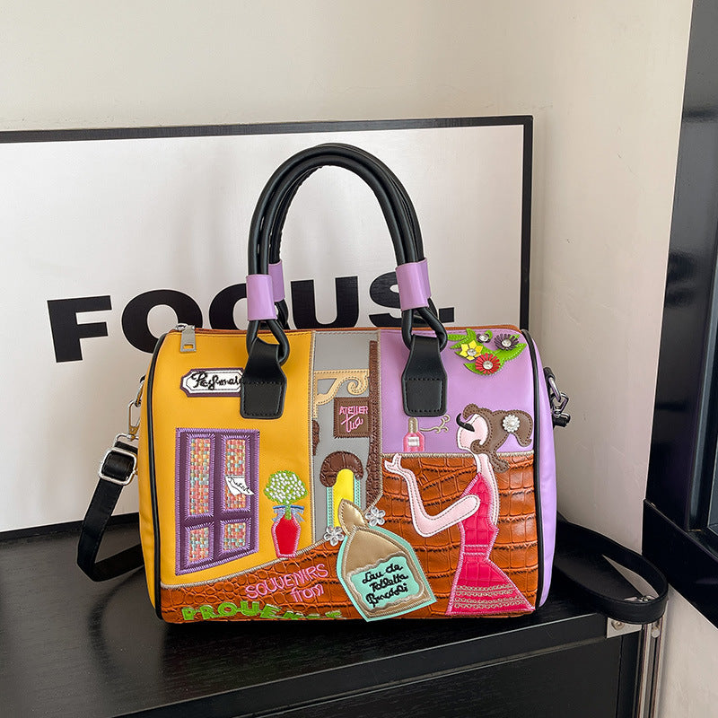 Premium Embroidered Boston Bag - PU Leather Handbag with Patchwork Design