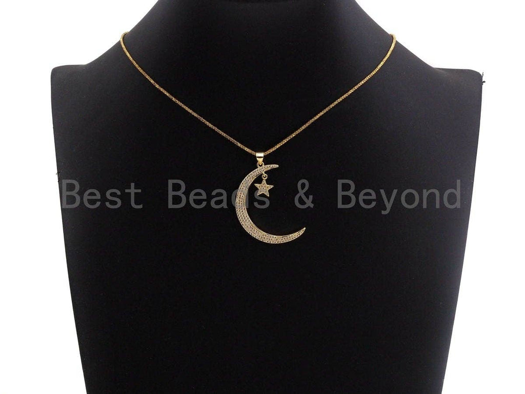 CZ Micro Pave Crescent Moon and Star Pendant ,Gold/Silver/Bl