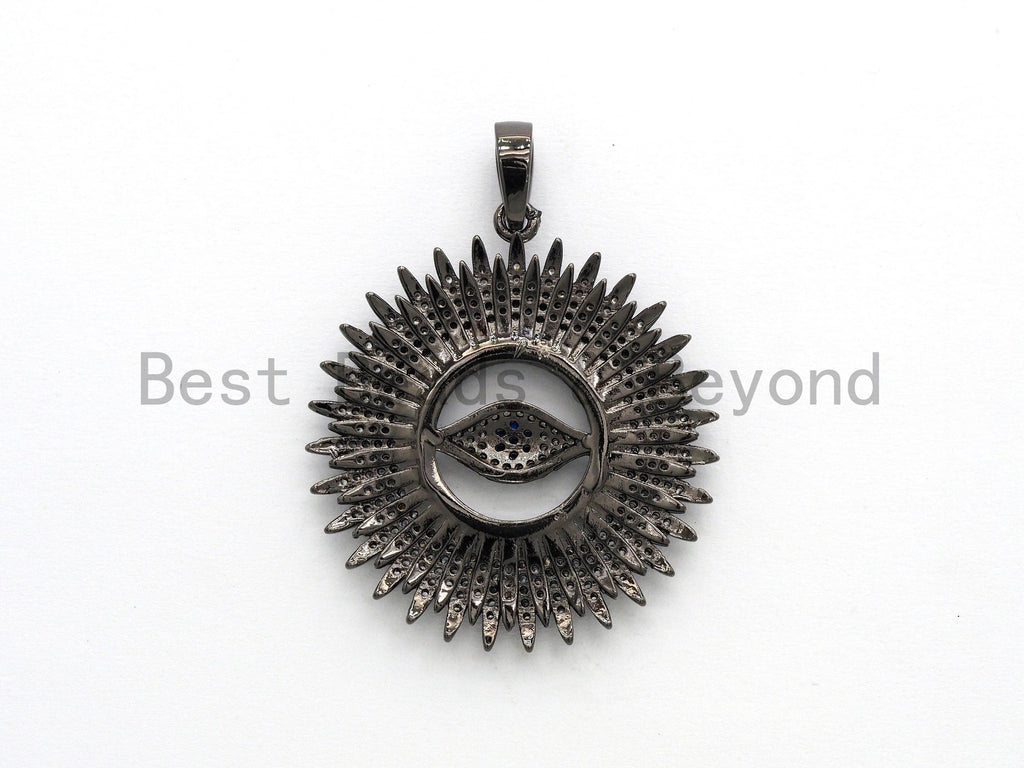 Large CZ Micro Pave Flower With Blue Evil Eye Pendant, Cubic Zirconia Paved Charm/Focal Pendant, Necklace Charm Pendant, 36x39mm,sku#F556