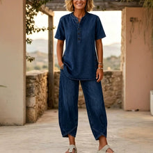 Load image into Gallery viewer, Women's Lapel Button-Up Top &amp; Pants Two-Piece Set – Three-Quarter Sleeve
