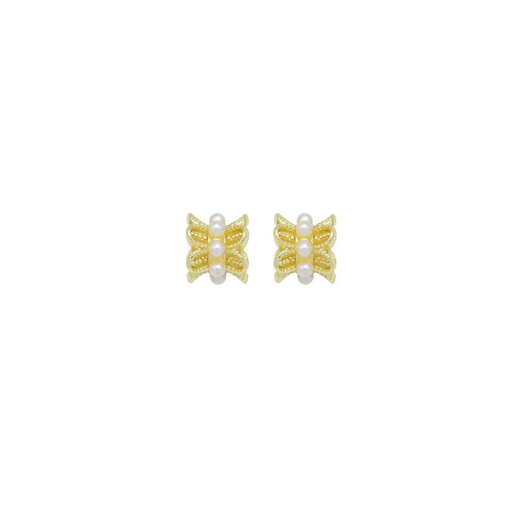 CZ White Pearl Gold Flower Tube Charm Spacer Beads, Sku#A422