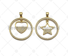Load image into Gallery viewer, 18k Shiny Gold Dangle Heart Dangle Star On Round Ring Charms, Gold Plated Charms, Heart Pendant, Gold Pendant, 27x29mm,Sku#LK141