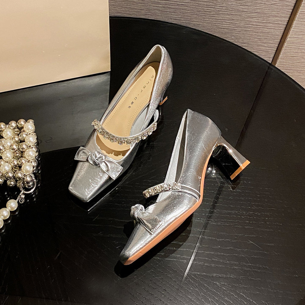 Women's Rhinestone Mary Jane Heels - French Style Pointed Toe Chunky Heel Shoes