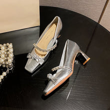 Load image into Gallery viewer, Women's Rhinestone Mary Jane Heels - French Style Pointed Toe Chunky Heel Shoes