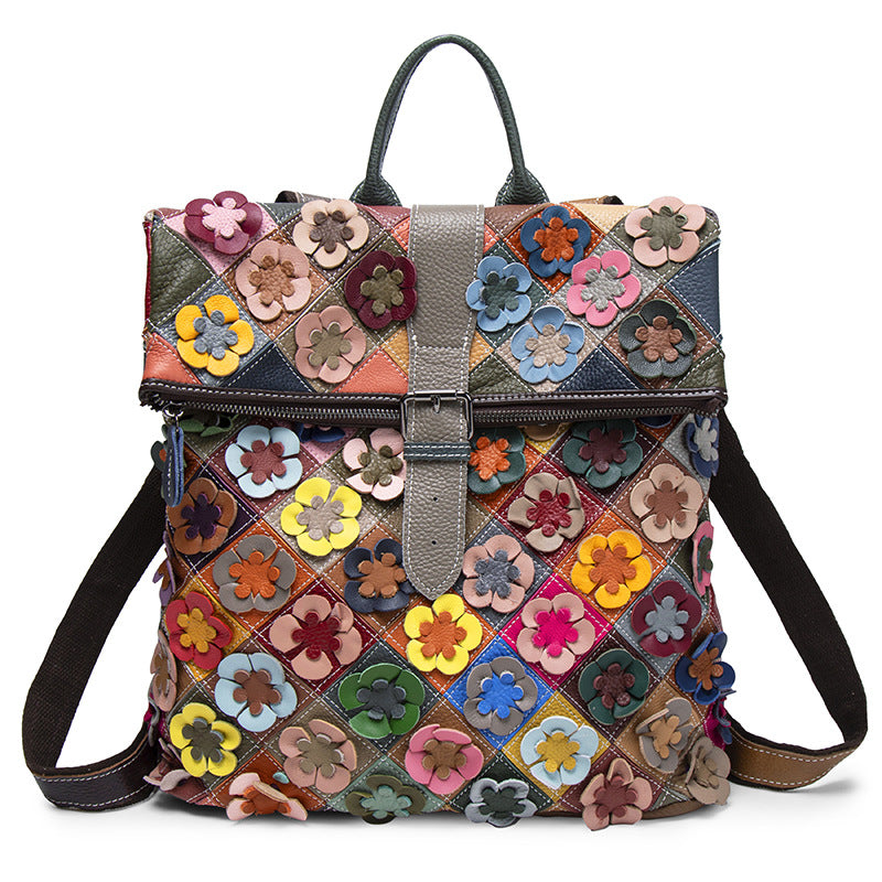 Colorful Plaid Floral Patchwork Genuine Leather Crossbody Bag for Women