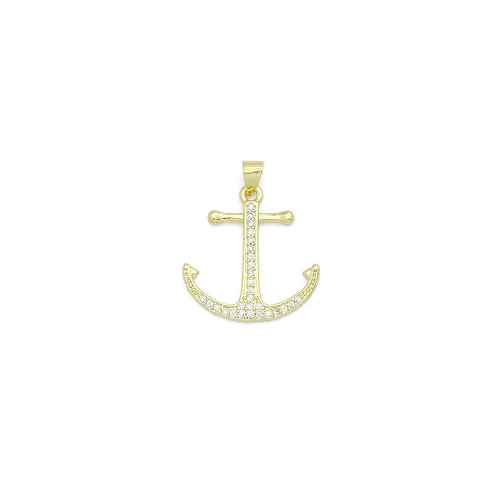 Clear CZ Gold Boat Anchor Charm Pendant, Sku#LK1166