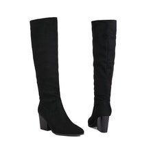 Load image into Gallery viewer, Women's Suede High-Top Boots – Chunky Heel, Pointed Toe, Side Zipper | Sarah Express