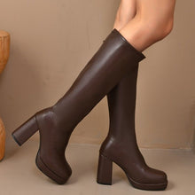 Load image into Gallery viewer, Women's Chunky Heel Stretch Boots – Thick Sole, High Shaft | Brown &amp; Black