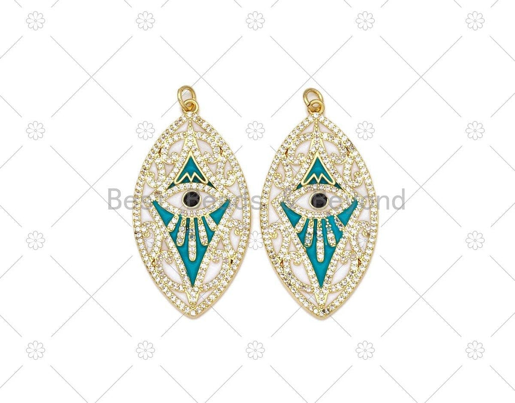 CZ Micro Pave Turquoise Enamel Evil Eye On Oval Leaf Shape Pendant, 18K Gold Filled Evil Eye Charm, Necklace Pendant,22x42mm, Sku#L631