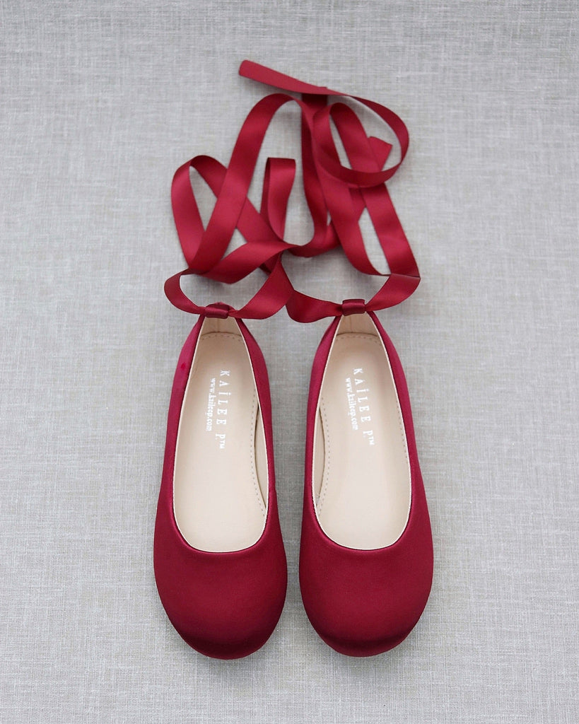Satin Ballet Flats with Ankle Tie or Ballerina Lace Up