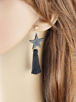 Bohemian Jewelry Black Chain Star Charm Tassel Asymmetric Ethnic Style Earrings