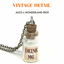 Load image into Gallery viewer, Drink Me Bottle Necklace Glass Vial Fantasy Jewelry Aqua Blue Rusty Glow in the Dark