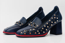 Load image into Gallery viewer, The Infanta Navy Blue Spike Leather Block Heel Pump Women Shoe