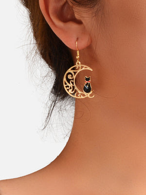 Cartoon Design Gold Hollow out Moon Black Cat Dangling Earrings Gift for Women
