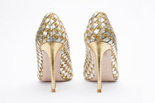 Load image into Gallery viewer, The Saks Tory Gold &amp; Silver Handwoven Leather Pump Women Shoe