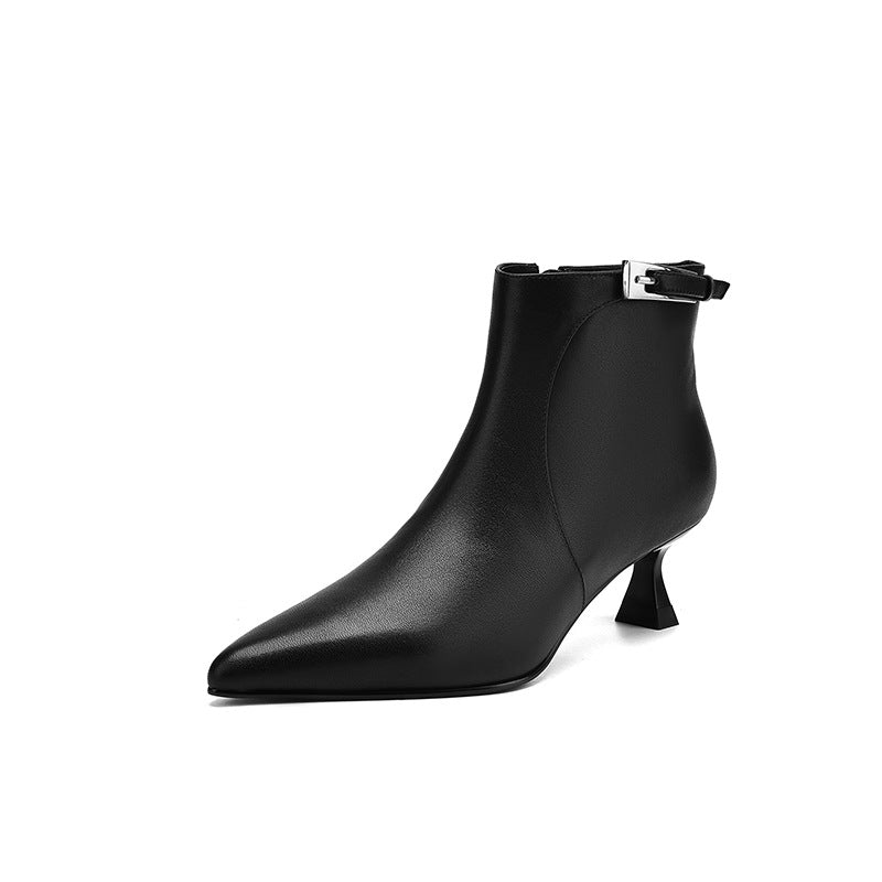 Women's Pointed-Toe High-Heel Ankle Boots - Leather Stiletto Boots with Buckle Strap & Side Zipper